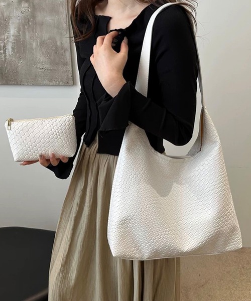 レディース　ベージュ 編み込みトートバッグ shopnikoniko トートバッグ 編み込み風 PUレザー トライアングルバッグ