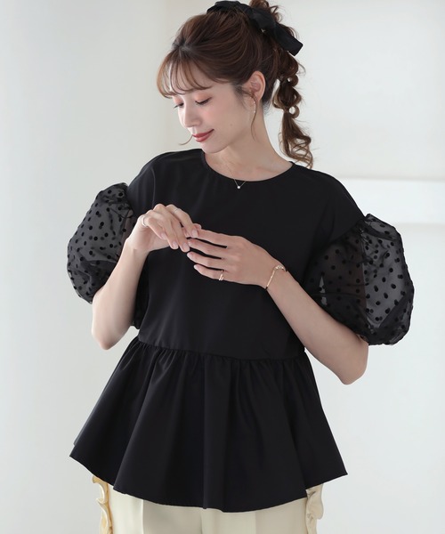 MERAKI ブラウス シャツ 半袖 ドットチュール袖ペプラムブラウス