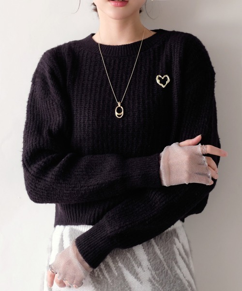 FKmrya♡ページ ニット セーター ハートブローチ付き クルーネックニット