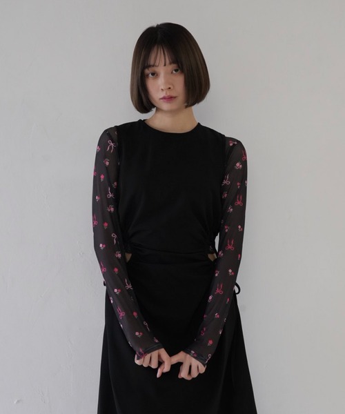 tシャツ リボン シアートップス　ショート丈 レディース