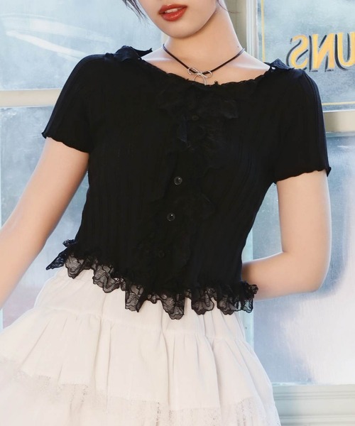 お値下げしました♡ビーズ装飾 濃紺 半袖Tシャツ フリルデザイン セール】Vフリル ロゴTシャツ（Tシャツ/カットソー）｜FREAK'S