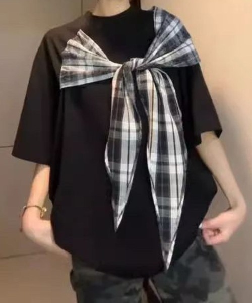 tシャツ チェックリボン肩掛け風ルーズTシャツ レディース