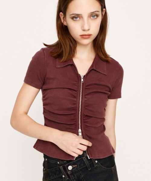 tシャツ FRONT ZIP GATHER TOPS フロントジップ ギャザー トップス 半袖 秋服 夏服 レディース SLY tシャツ FRONT ZIP GATHER TOPS フロントジップ ギャザー