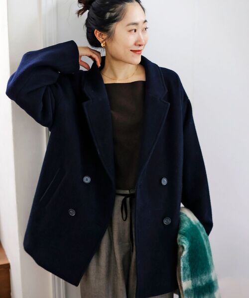ビアズリー ウール ピーコート フード ネイビー フリーサイズ ゆったり