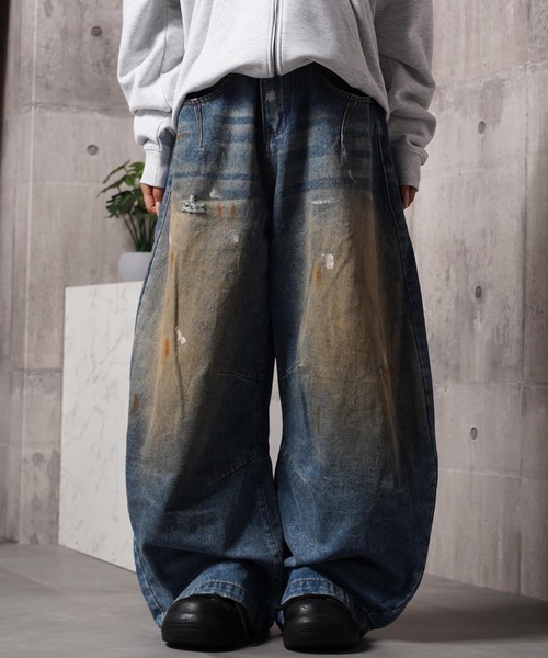 ジーンズ ダメージペイント バレルレッグジーンズ / Damage Paint
