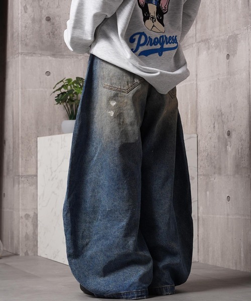 ジーンズ ダメージペイント バレルレッグジーンズ / Damage Paint