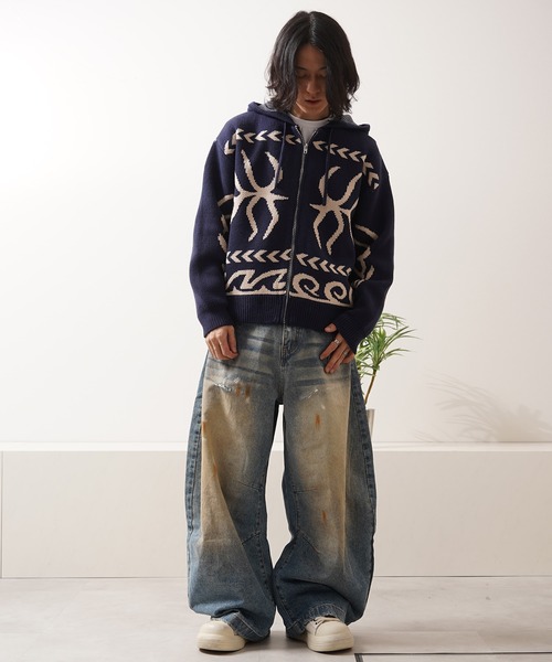 ジーンズ ダメージペイント バレルレッグジーンズ / Damage Paint