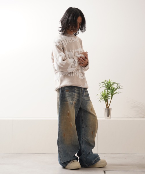 ジーンズ ダメージペイント バレルレッグジーンズ / Damage Paint