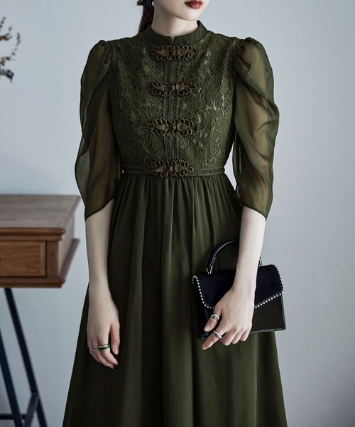 etoll. ダークグリーン フレアドレス etoll.（エトル） 7分袖ワンピース M カーキ レディース : ZOZOTOWN