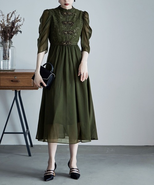 etoll.（エトル） 7分袖ワンピース M カーキ レディース : ZOZOTOWN