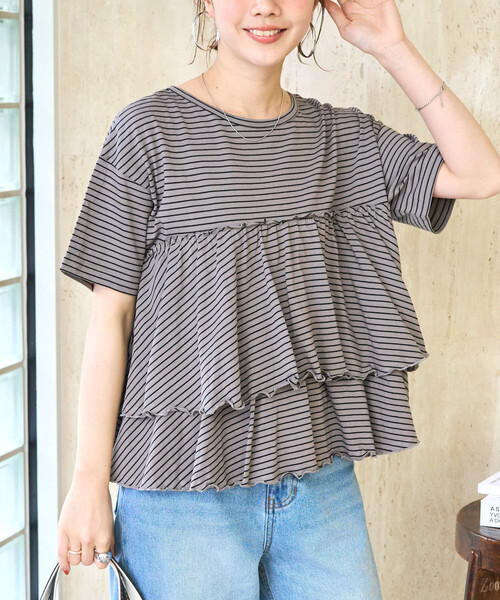 ボーダーズ　フリルTシャツ ボーダープリントフリルTシャツ(110 サックス): トップス｜Right-on