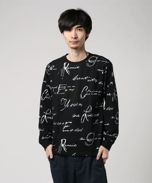 STYLEBLOCK tシャツ Tシャツ リブ付き総柄プリント入りクルー