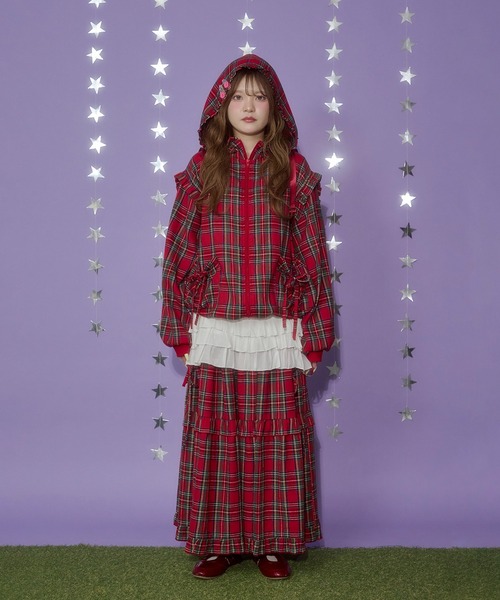 Qutie Frash タータンチェック ロングスカート（赤）匿名配送 WC ロング スカート 「ベストセラー」チェックティアードロング