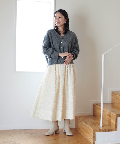 Jines スカート フリンジジャカード ギャザーフレアースカート