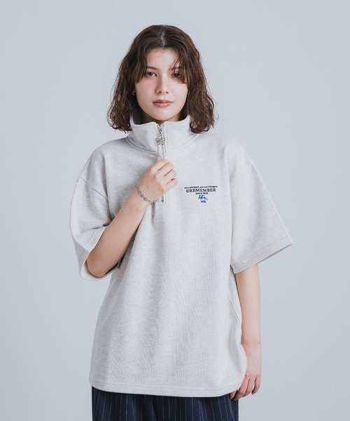 紫の花柄ハーフジップシャツ oclunlc Remember. シャツ 「フラワーチャーム半袖ハーフジップ」 メンズ