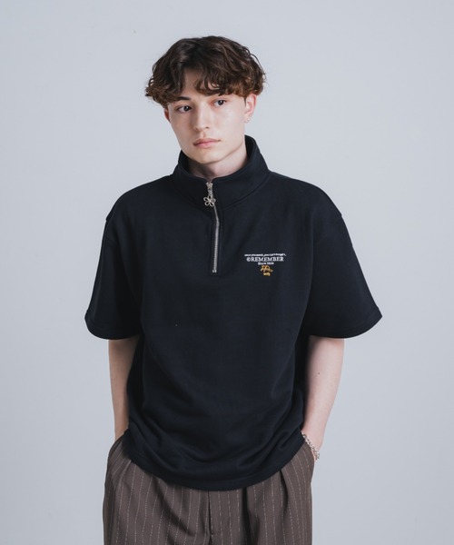 Remember. シャツ 「フラワーチャーム半袖ハーフジップ」 メンズ