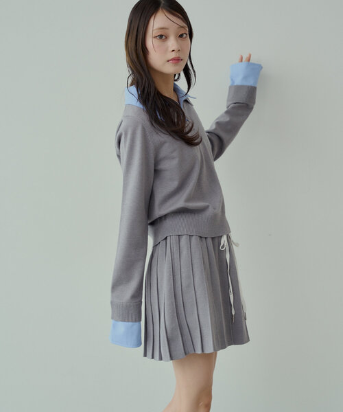 Chico 襟付きポロニット　ニットウエストリボンプリーツスカート　セット Chico スカート 「セットアップ対応」ニットウエストリボン