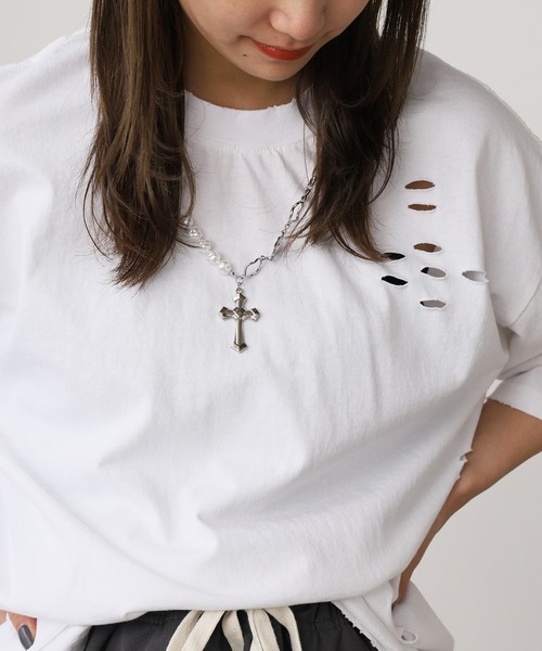 ROOP TOKYO tシャツ ネックレス付き ダメージ半袖Tシャツ メンズ