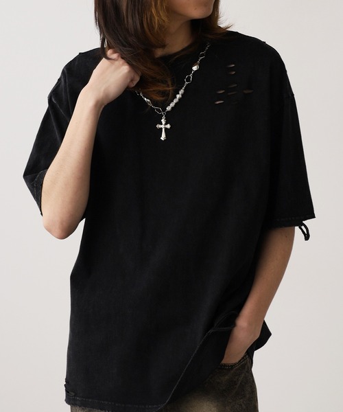 ROOP TOKYO tシャツ ネックレス付き ダメージ半袖Tシャツ メンズ 秋物