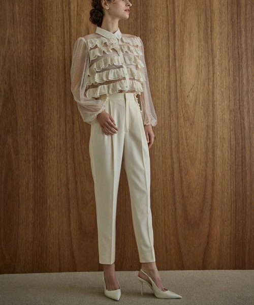 スラックス パンツ Pearl trim pants パールトリムパンツ レディースの画像