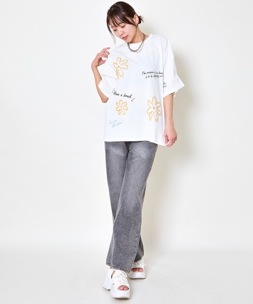 tシャツ 「再入荷！」チェーン刺繍がポイント。刺繍ロゴフレンチTEE レディース tシャツ チェーン刺繍落書きTシャツ レディース : ZOZOTOWN