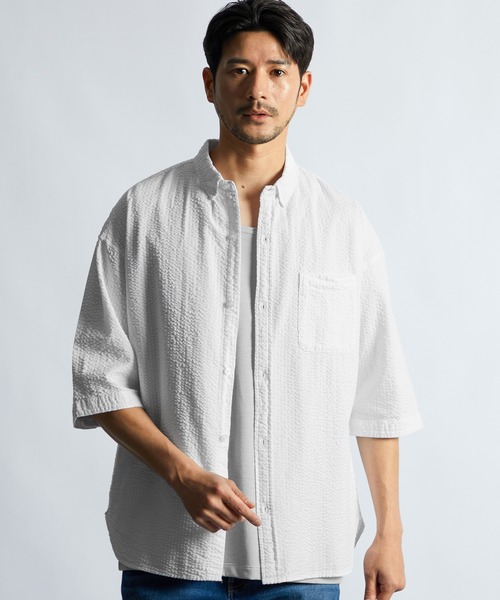LANVIN en Bleu シャツ シアサッカーストライプ 製品染め 5分袖シャツ
