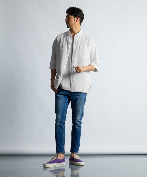 LANVIN en Bleu シャツ シアサッカーストライプ 製品染め 5分袖シャツ