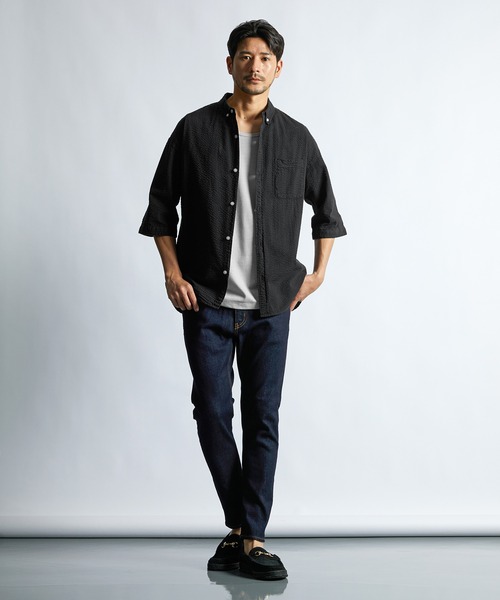 LANVIN en Bleu シャツ シアサッカーストライプ 製品染め 5分袖シャツ