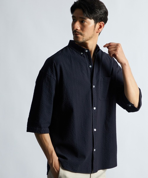 LANVIN en Bleu シャツ シアサッカーストライプ 製品染め 5分袖シャツ