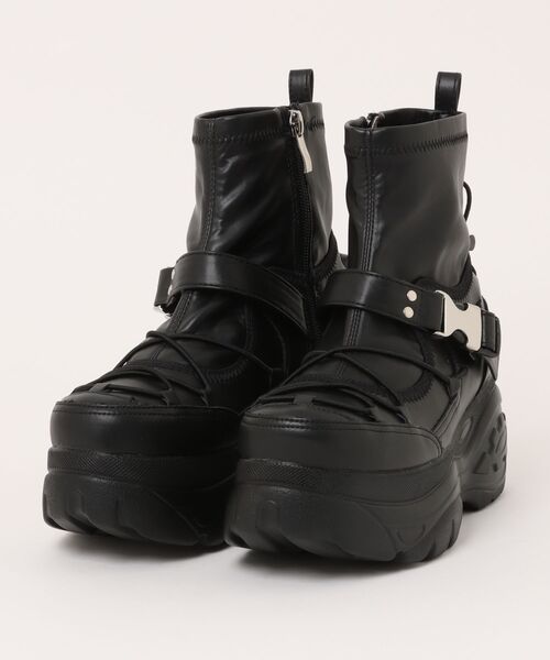 ヨースケ 厚底ベルティッドショートブーツ ブラック × オレンジ YOSUKE YOSUKE/ヨースケ」厚底ベルティッドショートブーツ（ブーツ