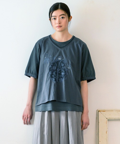 tシャツ SUPER　HAKKA×中村　ころもち　コットンローン「depth」単色刺繍＋天竺カットソー レディース