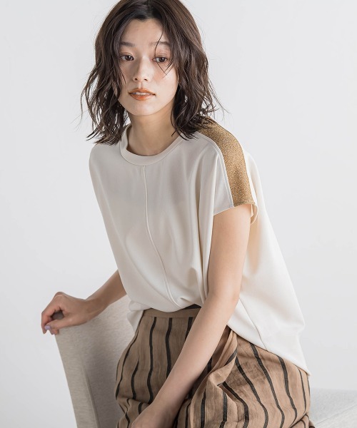 tシャツ 「WEB限定」カットジョーゼット肩ラメプルオーバー「手洗い可能」 レディース