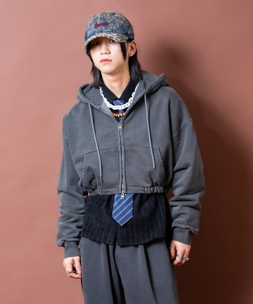 パーカー a.p.o.v. ピグメントスウェットオーバーサイズ短丈ジップ