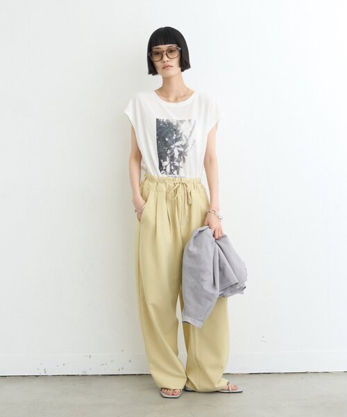 パンツ 「接触冷感/5サイズ展開」テックリネンウエスト紐ベルトワイドイージースラックス レディースの画像