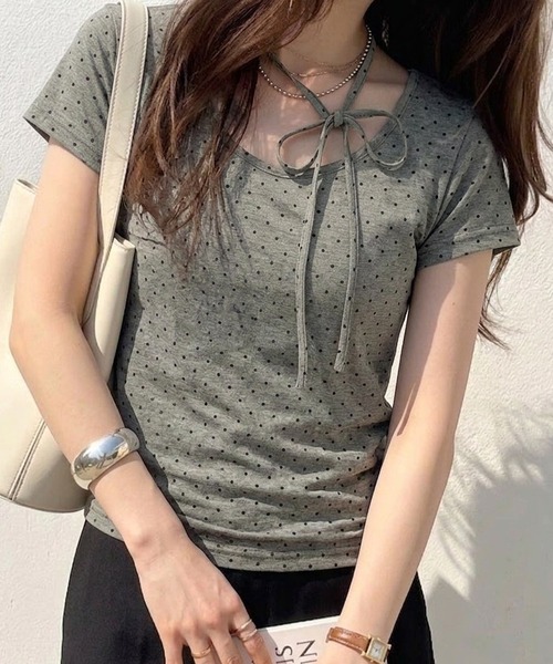 tシャツ 半袖 チョーカー付きコンパクトシルエットドット柄Tシャツ