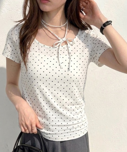 即日発送可能です XS ドットロンT タグ付き tシャツ 半袖 チョーカー付きコンパクトシルエットドット柄Tシャツ