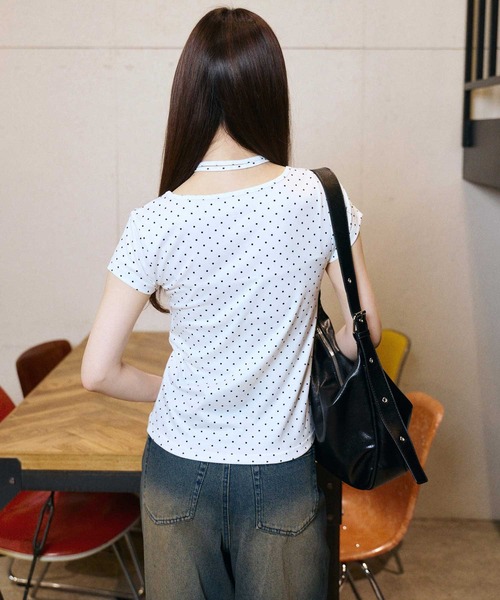 tシャツ 半袖 チョーカー付きコンパクトシルエットドット柄Tシャツ