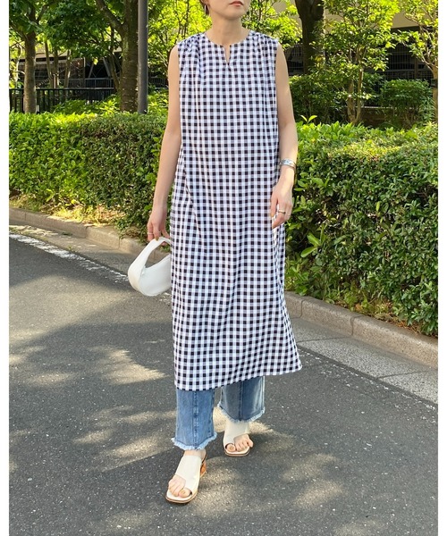 She's Closet ワンピース ギンガムチェック2wayケープノーリーブロング