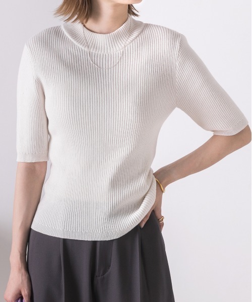 overE プチハイ5分袖パネルニット 25SS：ホワイト 96サイズ プチハイ5分袖パネルニット 25SS：ホワイト│胸が大きな女性の