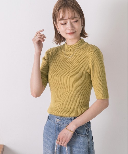 プチハイ5分袖パネルニット 23SS：ホワイト プチハイ5分袖パネルニット 25SS：ホワイト│胸が大きな女性の