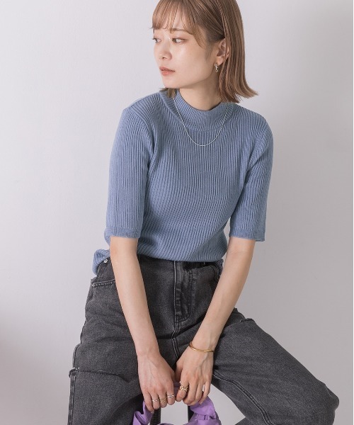 overE プチハイ5分袖パネルニット 25SS：ホワイト 96サイズ プチハイ5分袖パネルニット 25SS：ホワイト│胸が大きな女性の