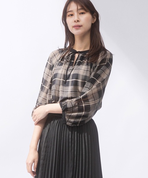 AnNet ブラウス シャツ フロントリボン シアーチェック レディース 