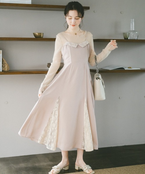 ドレス フレアドレス キャミワンピ オケージョン ノースリーブ 花柄シアー ワンピース glitter × flower pretty lace dress/シアーインナー