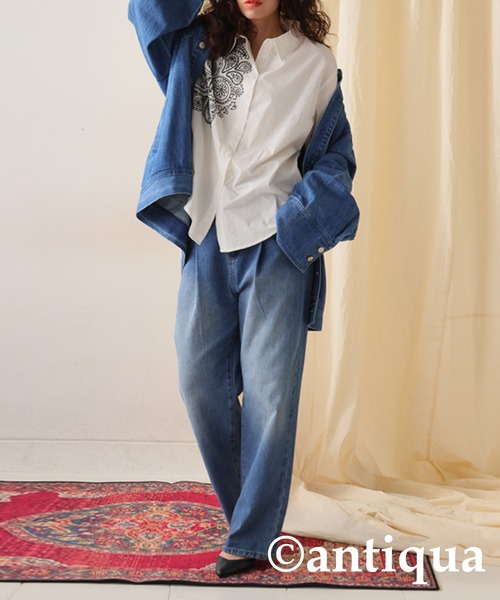 ブラウス シャツ ペイズリー刺繍ショートシャツ レディース antiqua ブラウス シャツ ペイズリー柄刺繍シャツ レディース