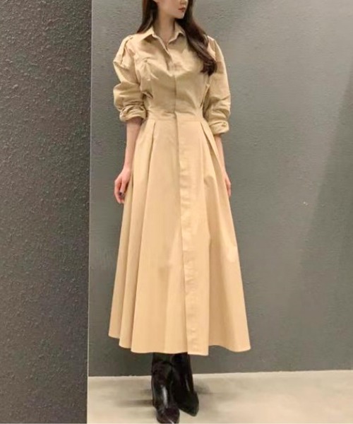 シャツワンピース ウエストマークロングシャツワンピース