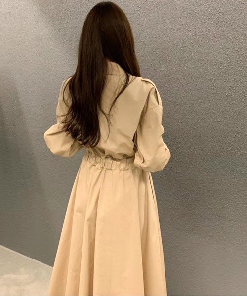 チコ◆透け感 長袖ロングシャツワンピース/ウエストマーク ノーカラー 大人清楚 チコ◇透け感 長袖ロングシャツワンピース/ウエストマーク ノー