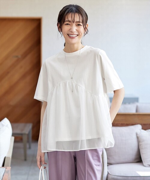 tシャツ ストライプチュール切替トップス レディース