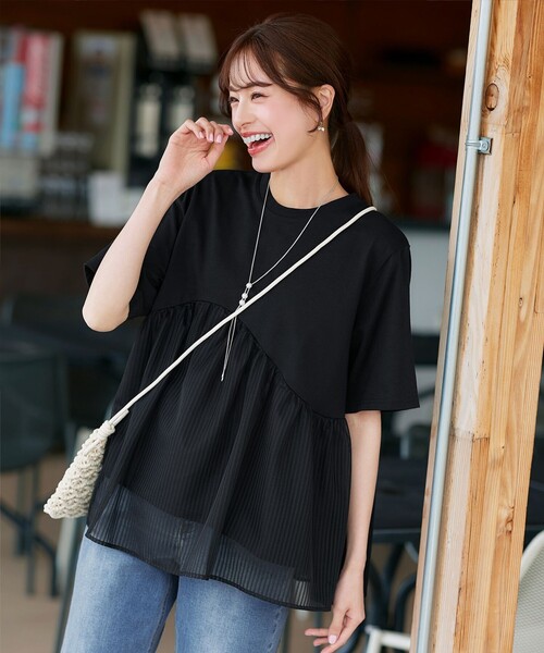 Tiaclasse tシャツ 半袖 ストライプチュール切替トップス レディース