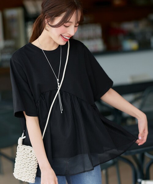 tシャツ ストライプチュール切替トップス レディース Tiaclasse tシャツ ストライプチュール切替トップス レディース