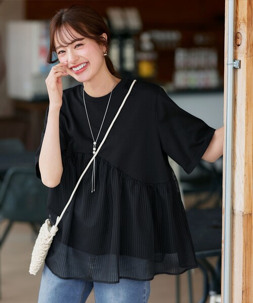 tシャツ ストライプチュール切替トップス レディース Tiaclasse tシャツ ストライプチュール切替トップス レディース